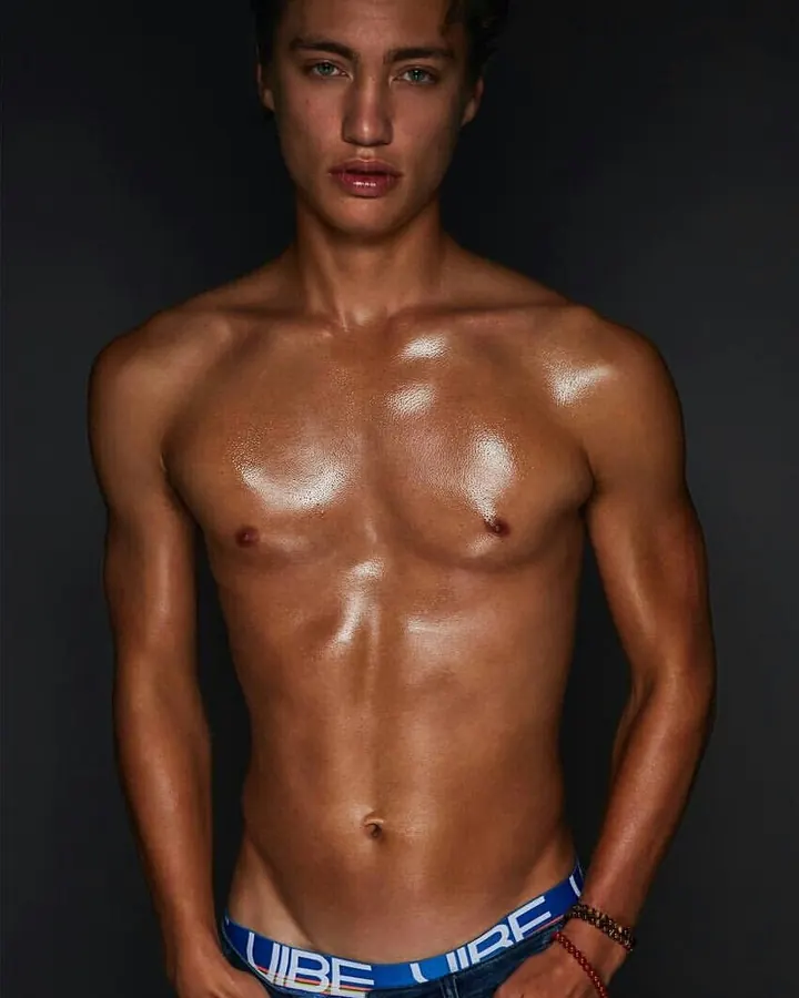 Jeune homme aux cheveux bruns, torse nu, regardant directement l'appareil photo